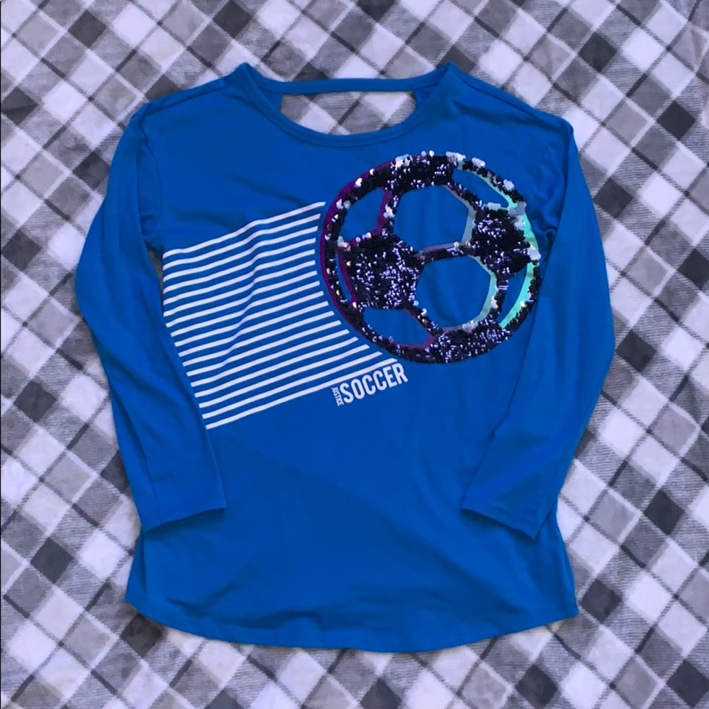 Soft, long sleeve, blue, soccer shirt with sequins